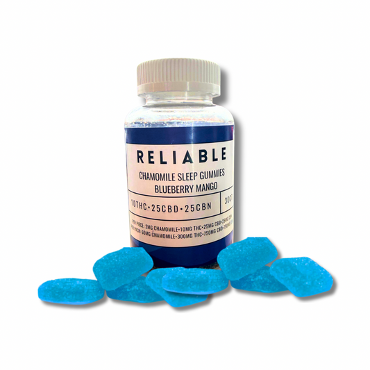 RELIABLE SLEEP GUMMIES- 30 COUNT JAR- BLUEBERRY MANGO-10MG THC -25MG- CBD 25MG CBN & 2MG CHAMOMILE